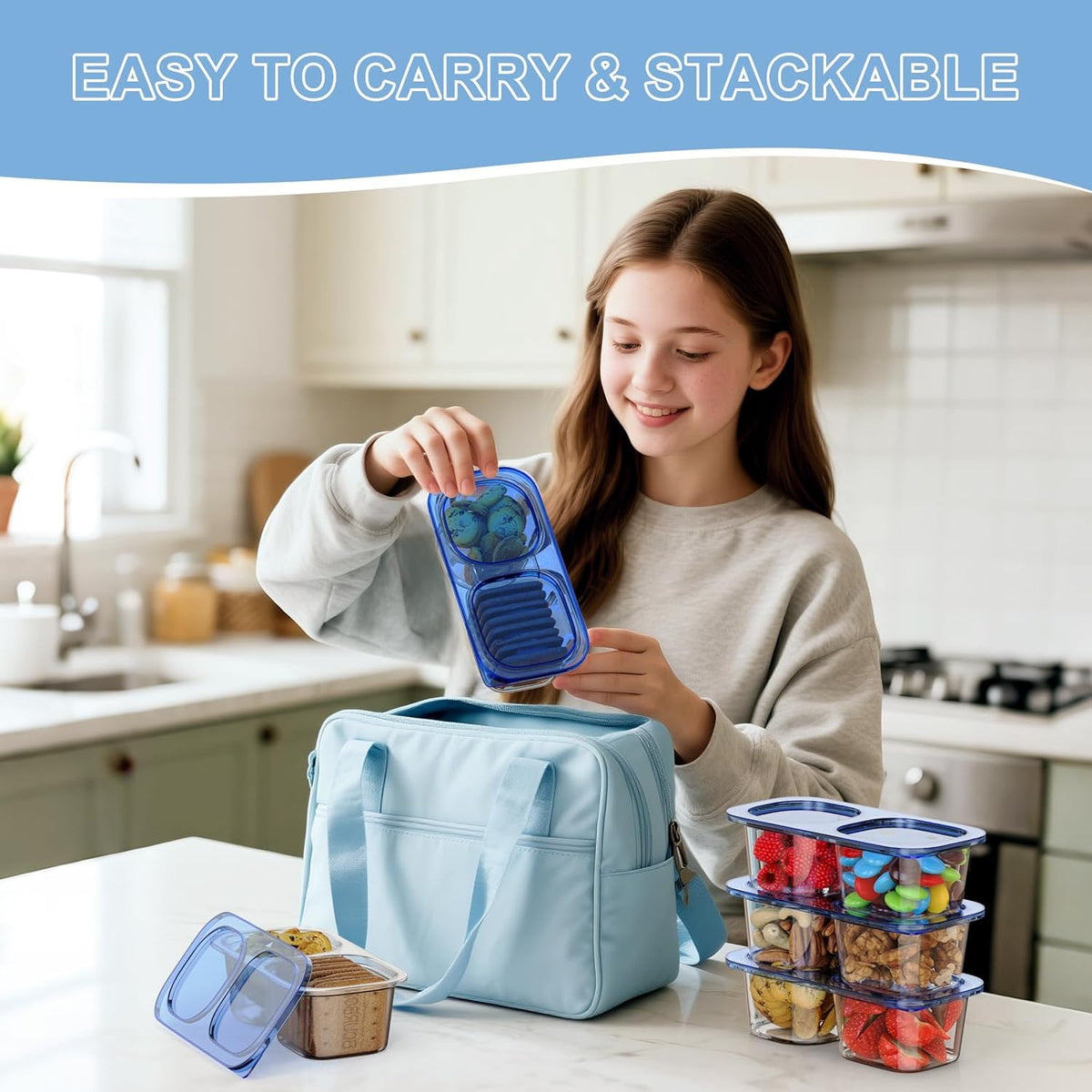 Snack Pack Containers for Kids, Reusable Snack Containers with Lids, 2 Compartment Small Bento Snack Box, BPA-Free, Lunchbox Accessories for Travel