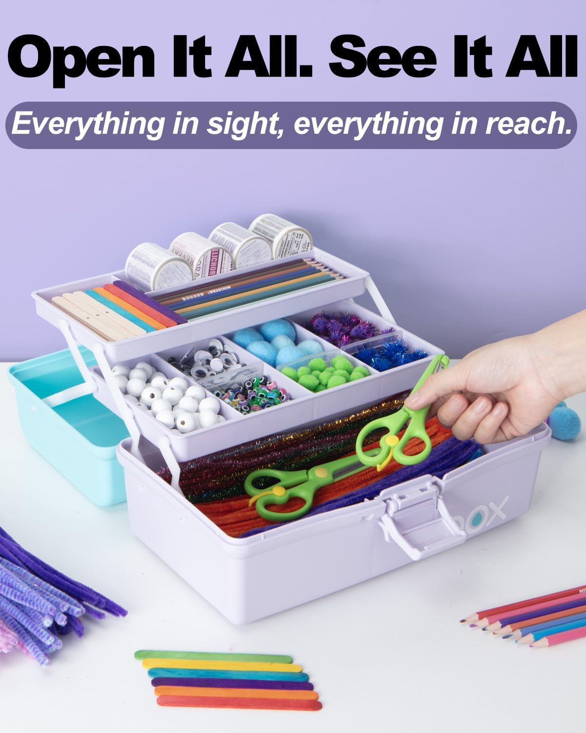 TERGOO 12in 3-Layer Plastic Craft Organizers and Storage, Portable Folding Tackle Box with Handle & Adjustable Dividers, Multipurpose Case for Sewing, Art Supplies, Medicine, Tools (Blue)