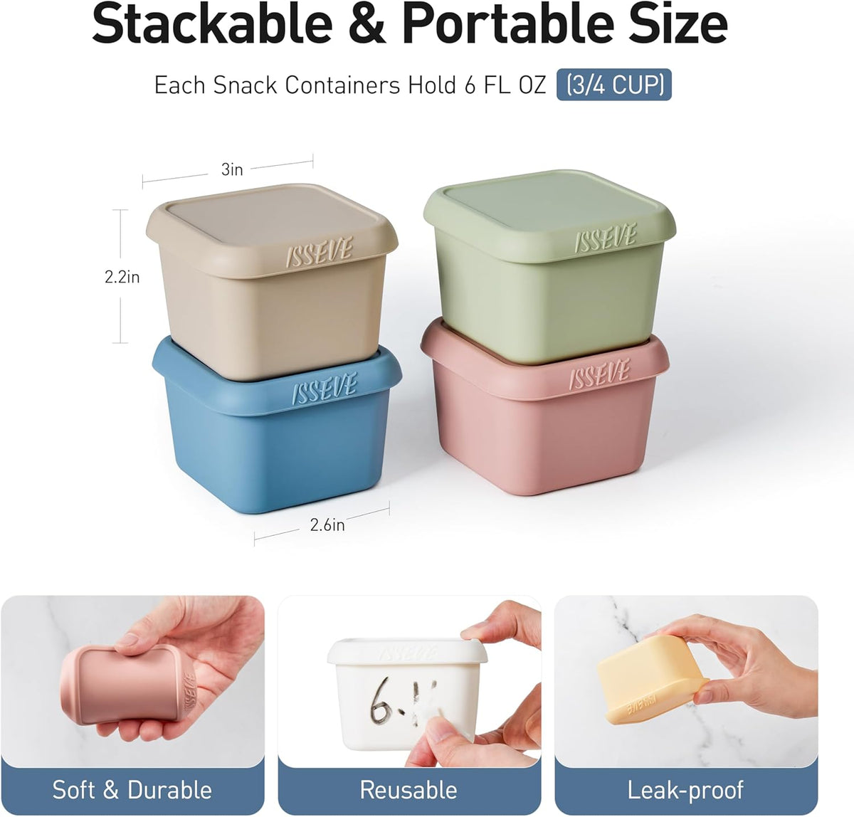 ISSEVE 6oz Silicone Snack Containers for Kids, Reusable Small Containers with Lids, Leak Proof Silicone Food Storage Containers, Stackable Kids Lunch Box for Daycare, School, Travel
