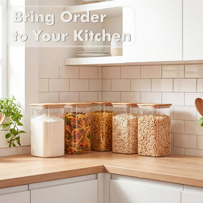 3-Pack 2.2Qt Square Glass Spaghetti Jars with Bamboo Lids, Tall Food Storage Containers for Pantry Organization, Elegant Kitchen Storage Canister for Pasta, Penne, Macaroni, Lasagna, Fusilli