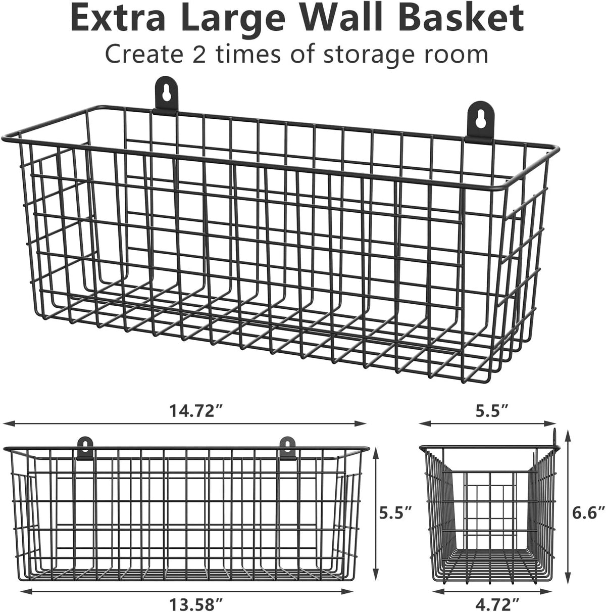 MaraFansie [Extra Large] Wire Basket Hanging Wall Organizer Cabinet Storage Basket Wall Mounted Shelves Rustic Farmhouse Decor for Home Kitchen Bathroom, BLACK