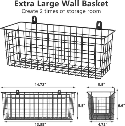 MaraFansie [Extra Large] Wire Basket Hanging Wall Organizer Cabinet Storage Basket Wall Mounted Shelves Rustic Farmhouse Decor for Home Kitchen Bathroom, BLACK