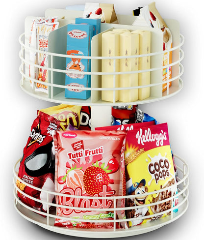 Snack Organizer - Versatile Snack Storage 2 Tier Lazy Susan with Convenient Grab-and-Go Design, Wood and Metal Snack Holder for Home, Office, Breakroom, 12.13" L x 12.13" W x 12.56" H
