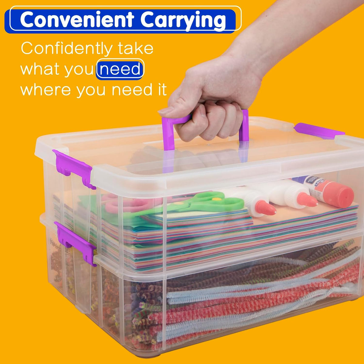 TERGOO 2 Layer Plastic Storage Containers with Lids, Multipurpose Clear Stack & Carry Box, Portable Craft Organizers and Storage Bin for Organizing Art & Craft, Sewing, Makeup, Nail Supplies (Blue)