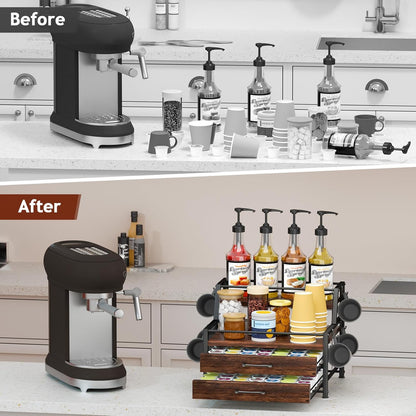 Homsorout Coffee Syrup Rack Organizer - 4-Tier 8 Syrup Wine Bottles Stand with 82 Storage Drawer for K Cups, Coffee Pod Holder for Countertop, Bar Station, Kitchen, Rustic Brown