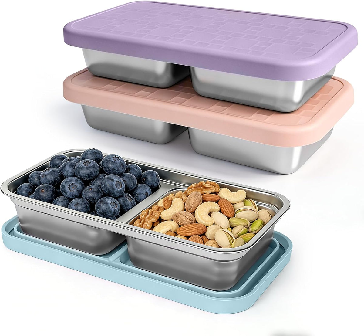 3 Pack 15 oz Stainless Steel Snack Containers for Kids, Reusable Metal Snack Containers with Silicone Lids, 2 Compartment Stackable Metal Toddler Lunch Box for Daycare, School and Outdoor