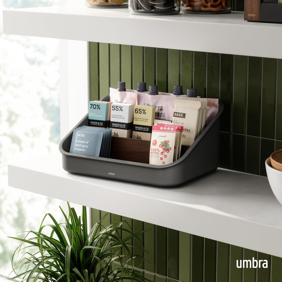Umbra Bellwood Packet Organizer, Divided Tray for Pantry Ingredients and Other Small Items, Made of Durable Plastic and Wood, Walnut/Black