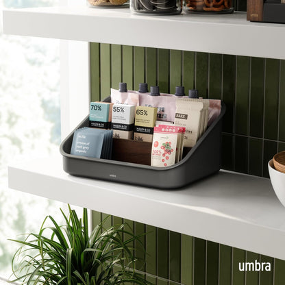Umbra Bellwood Packet Organizer, Divided Tray for Pantry Ingredients and Other Small Items, Made of Durable Plastic and Wood, Walnut/Black