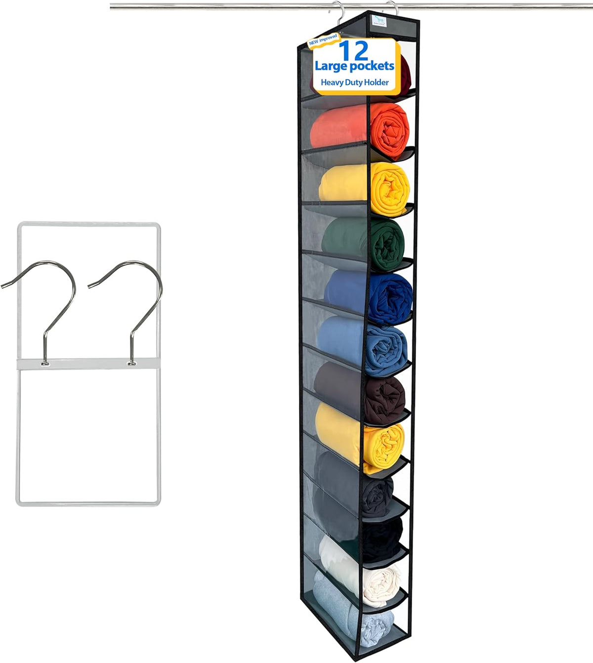 Over the Door Organizer Storage 6 Tier, 12 Large Capacity Side Pockets, Heavy Duty Metal Reinforced Hook Anti Tilt 75 LB Load Behind Door Storage for Bedroom Bathroom Pantry Nursery
