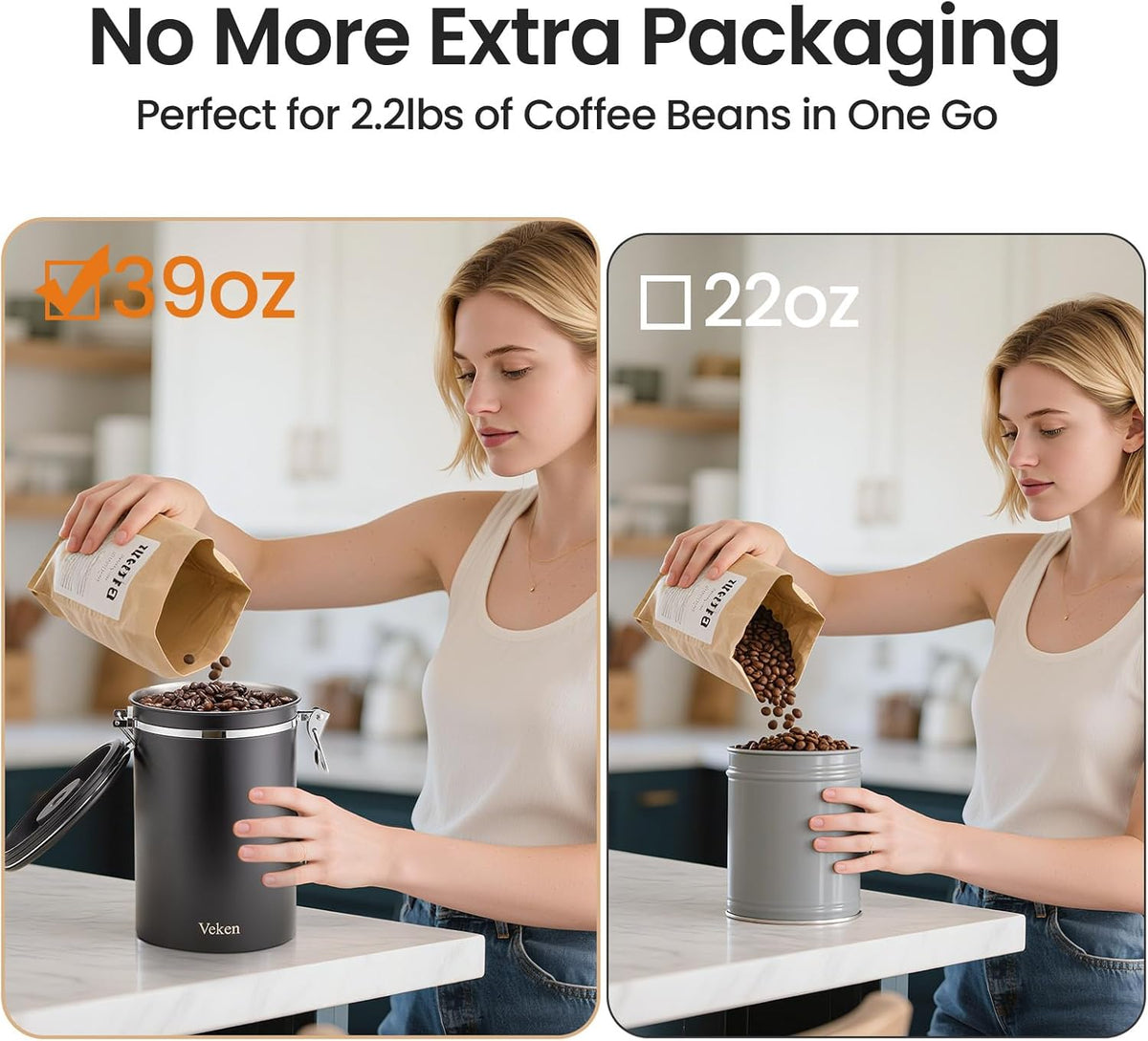 Veken Coffee Canister, 39OZ Large, Mothers Day Gifts For Women, Airtight Stainless Steel Food Storage Container for 2.2lbs Coffee Beans, Ground, Sugar, Tea, Flour, Cereal,Kitchen Bar Accessories,Cream