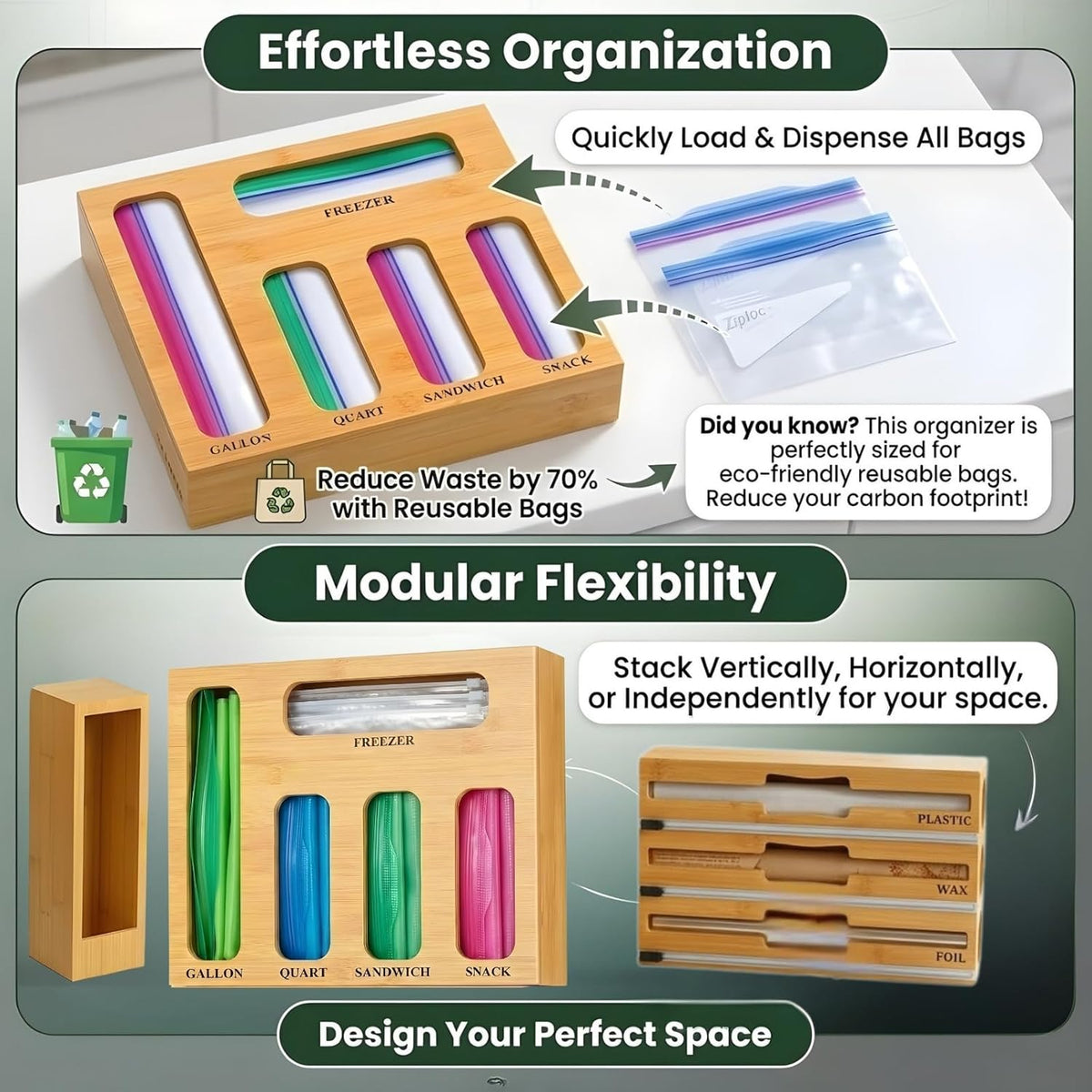 9 IN 1 Storage Bag Organizer for Kitchen Drawer, Bamboo Foil and Plastic Wrap with Cutter, Ziplock Bag Organizer for Gallon, Quart, Sandwich & Snack Bags - Aluminum Foil Organizer