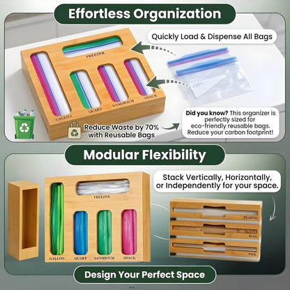 9 IN 1 Storage Bag Organizer for Kitchen Drawer, Bamboo Foil and Plastic Wrap with Cutter, Ziplock Bag Organizer for Gallon, Quart, Sandwich & Snack Bags - Aluminum Foil Organizer