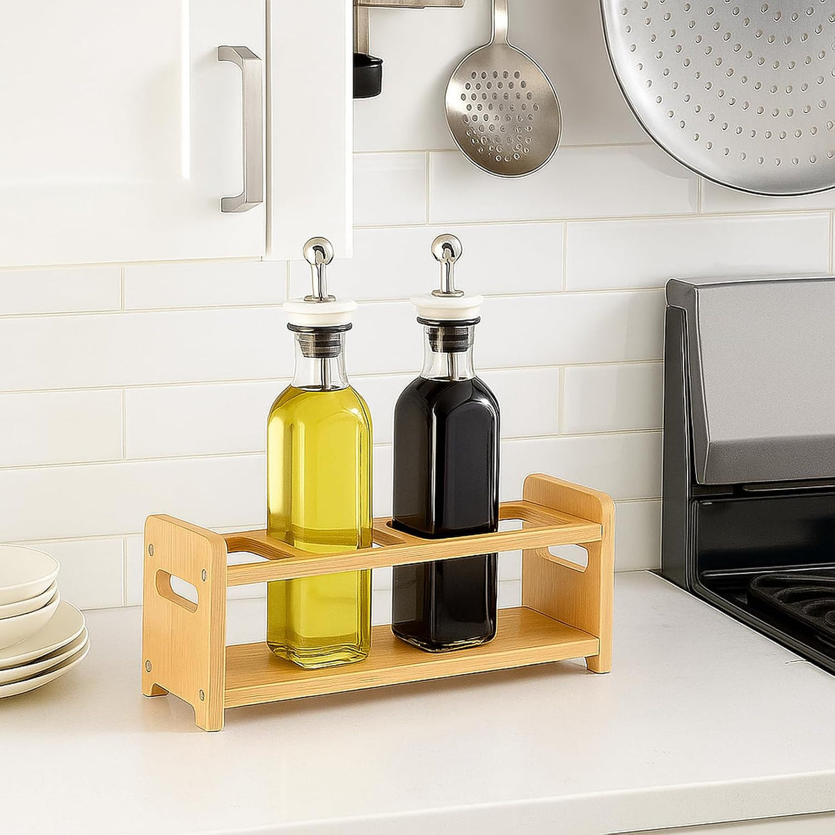 Tissting 4 Hole Solid Wood Spice Rack Oil Bottle Holder | 6cm Square Hole Anti-Slip Multifunctional Countertop Organizer for Olive Oil, Coffee Syrup, Kitchen Seasoning Storage