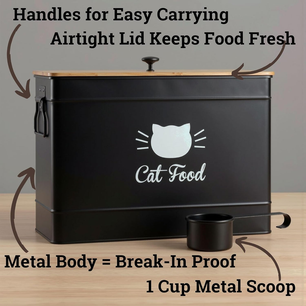 Cat Food Storage Container with Scoop - 15 lb (50 Cup) Capacity Metal Cat Food Container with Airtight Bamboo Lid & Metal Scoop - Airtight Pet Food Storage Containers - 15 lb Treats & Kibble Container
