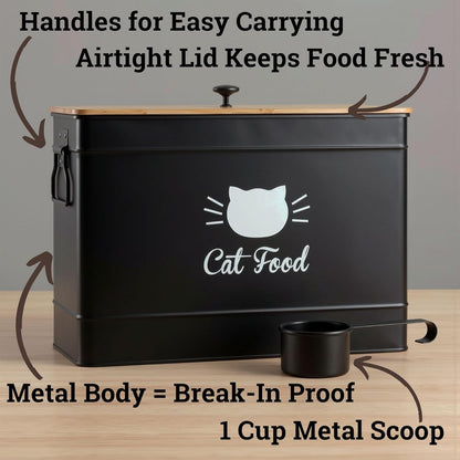 Cat Food Storage Container with Scoop - 15 lb (50 Cup) Capacity Metal Cat Food Container with Airtight Bamboo Lid & Metal Scoop - Airtight Pet Food Storage Containers - 15 lb Treats & Kibble Container