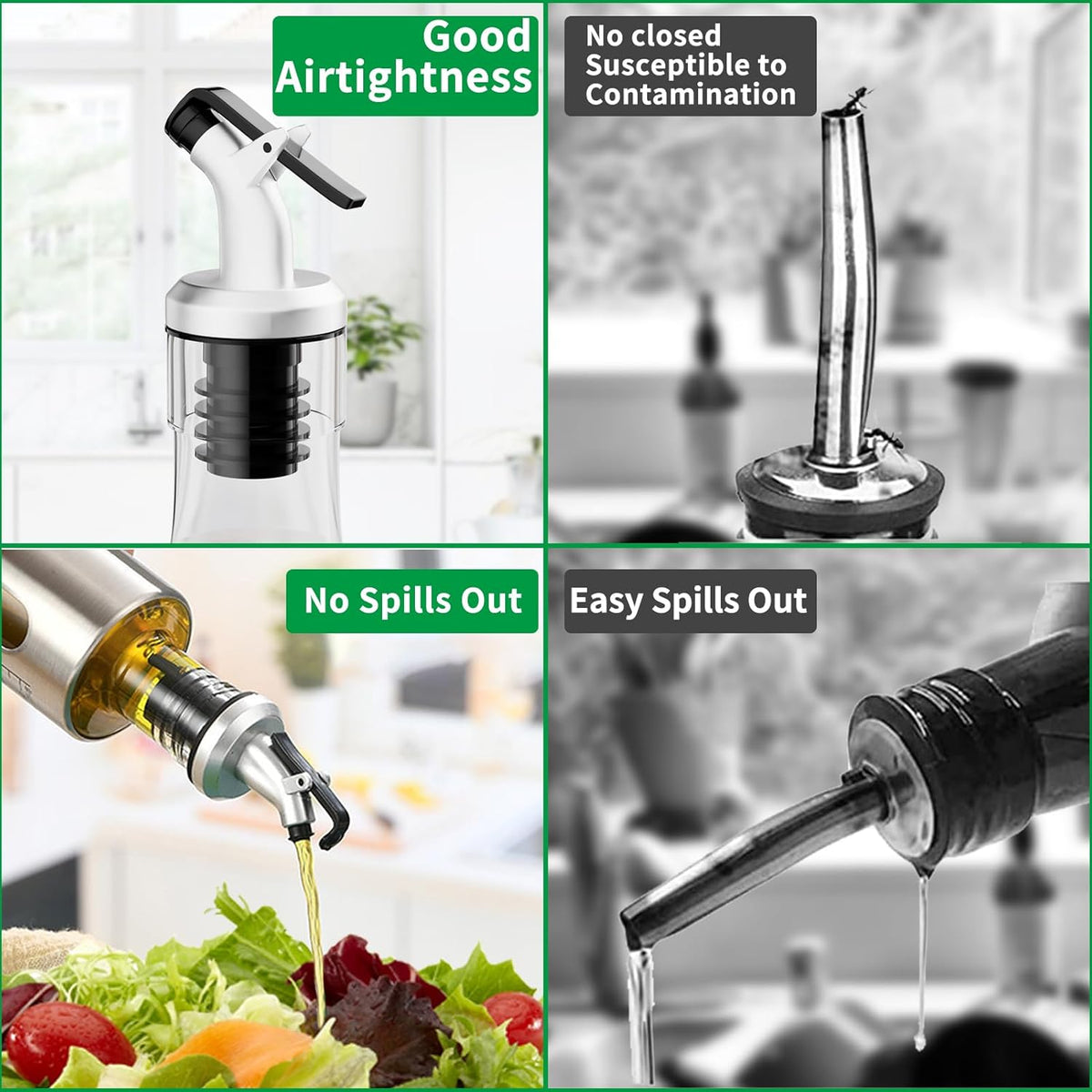 SINYWAY Oil Dispenser Bottle, 4 Pack Glass Olive Oil Dispenser Bottle with Shelf, 17oz/500 ml Oil and Vinegar Dispenser Set Wrapped in Stainless Steel Shell with Pourers, Funnel & Pen and Tags