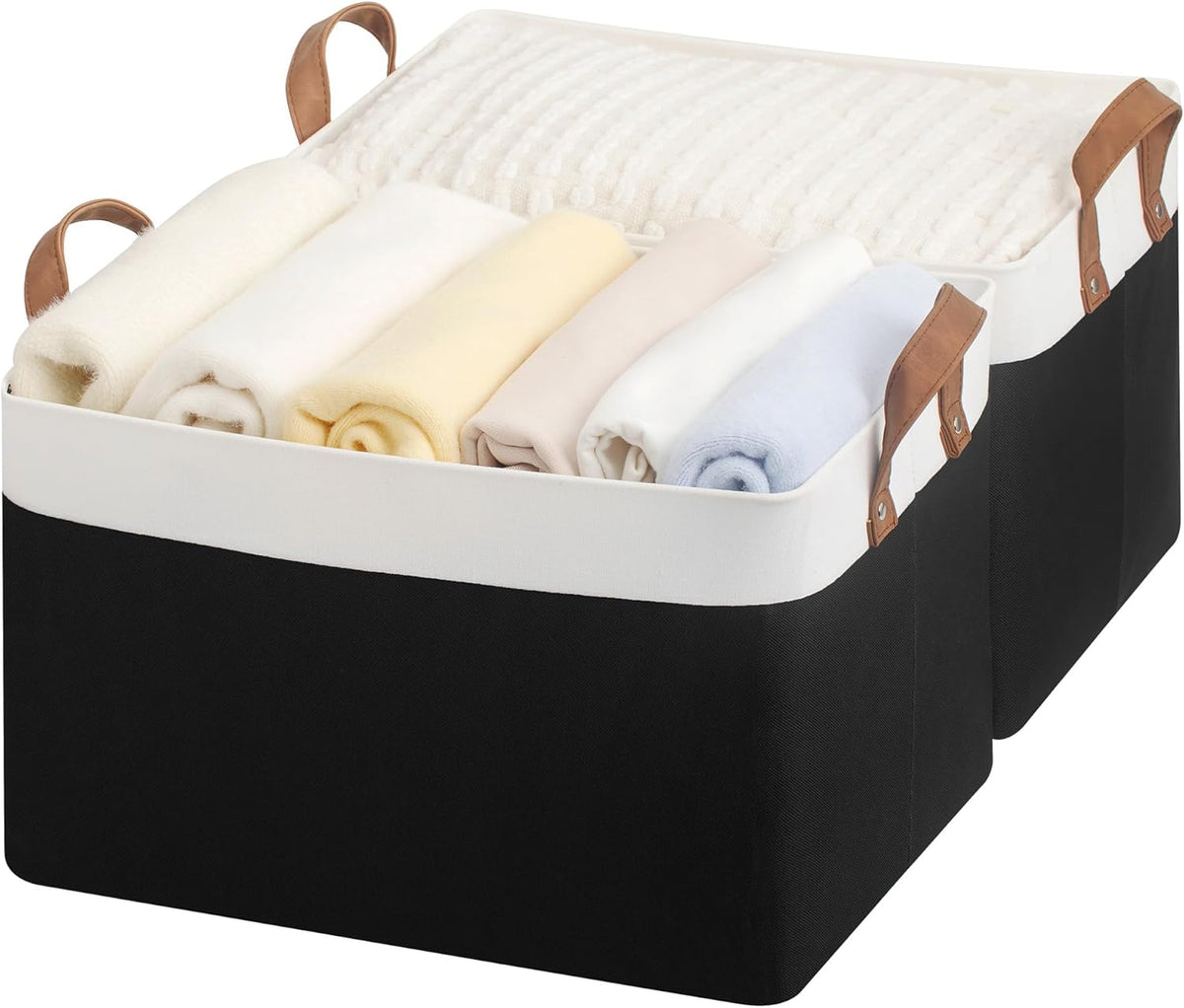 StorageWorks Storage Bins, Shelves Baskets for Organizing, Fabric Closet Organizers with Handles, Metal Frame, Beige-Cotton-linen, 2-Pack