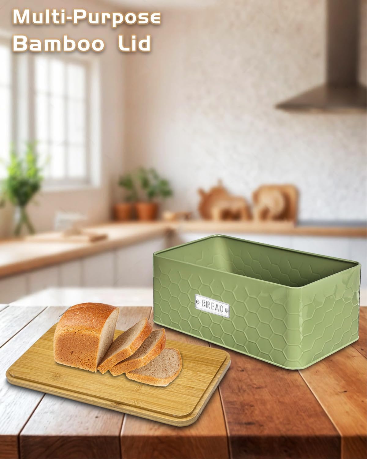 vensovo Bread Box for Countertop – Large White Metal Bread Bin with Bamboo Cutting Board Lid, Farmhouse Bread Storage Container for Homemade Bread, Baked Goods & Kitchen Counter Organization