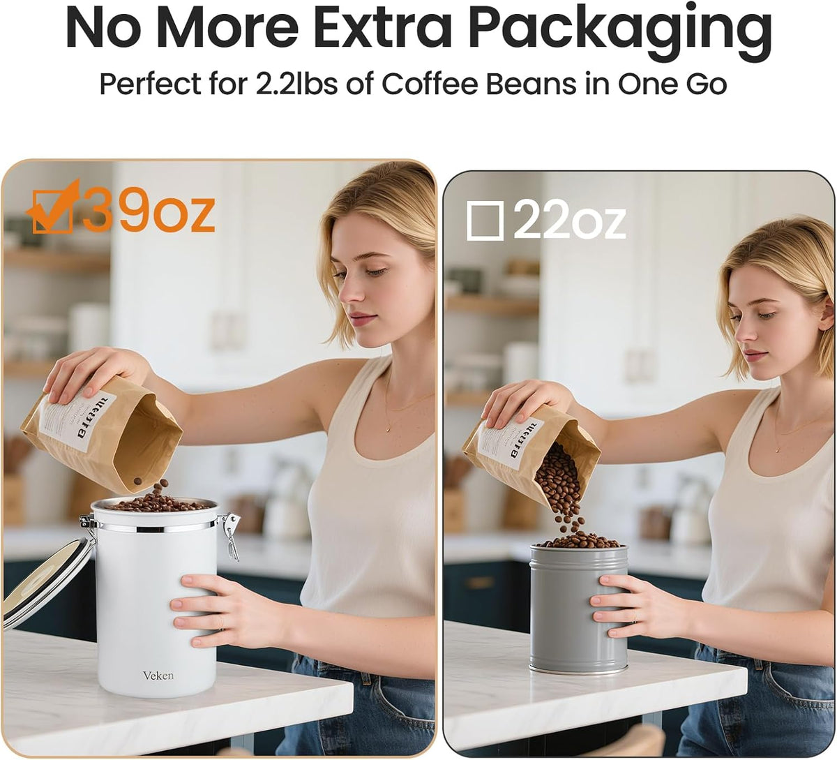 Veken Coffee Canister, 39OZ Large, Mothers Day Gifts For Women, Airtight Stainless Steel Food Storage Container for 2.2lbs Coffee Beans, Ground, Sugar, Tea, Flour, Cereal,Kitchen Bar Accessories,Cream