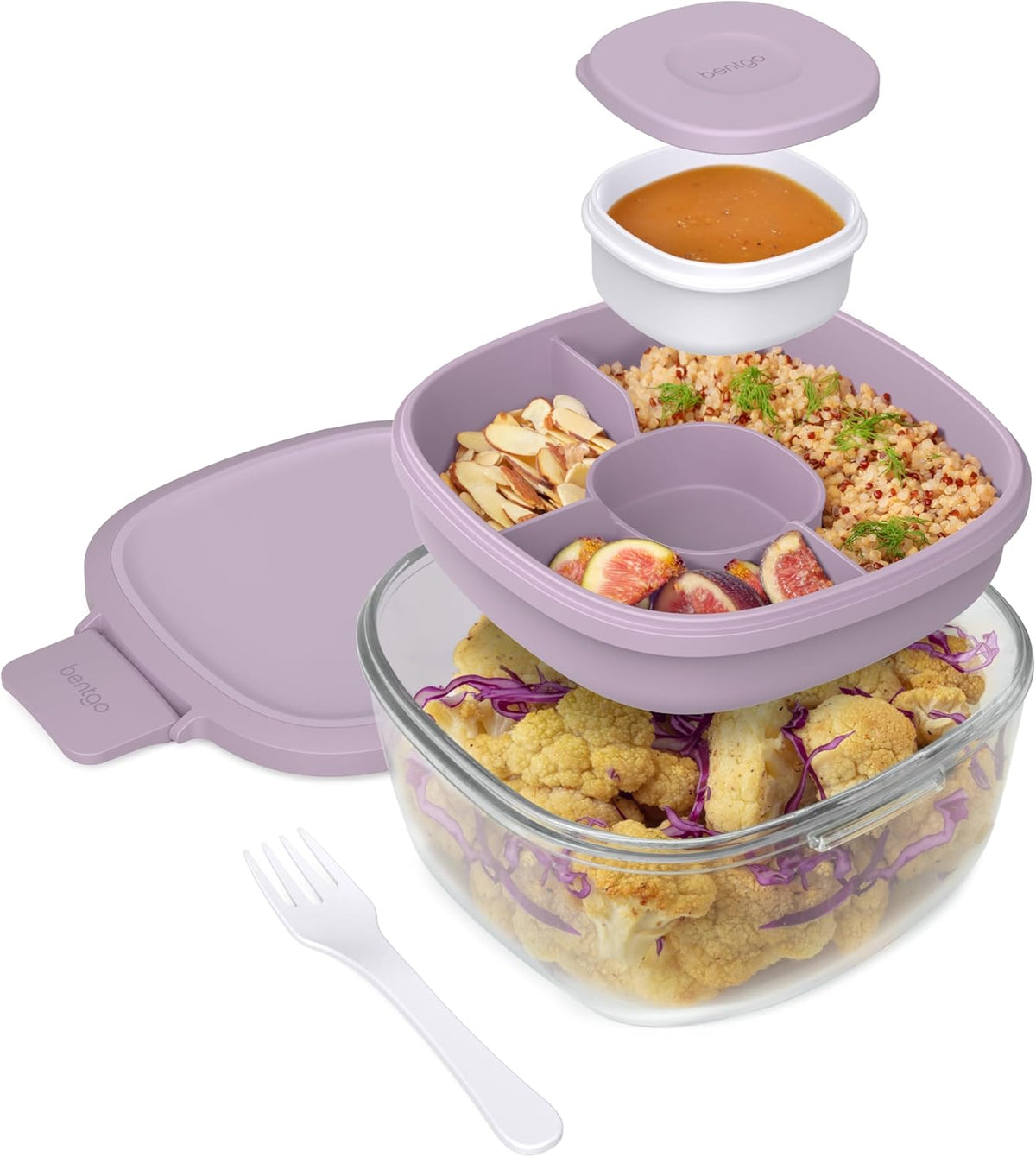 Bentgo Glass Prints Salad Container - 7.6-Cup Tinted Glass Salad Bowl with Airtight Lid, Leak-Proof Sauce Container, 4-Compartment Bento Meal Prep Tray & Reusable Fork (Floral Maximalist - Sea)