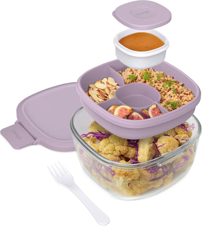 Bentgo Glass Prints Salad Container - 7.6-Cup Tinted Glass Salad Bowl with Airtight Lid, Leak-Proof Sauce Container, 4-Compartment Bento Meal Prep Tray & Reusable Fork (Floral Maximalist - Sea)