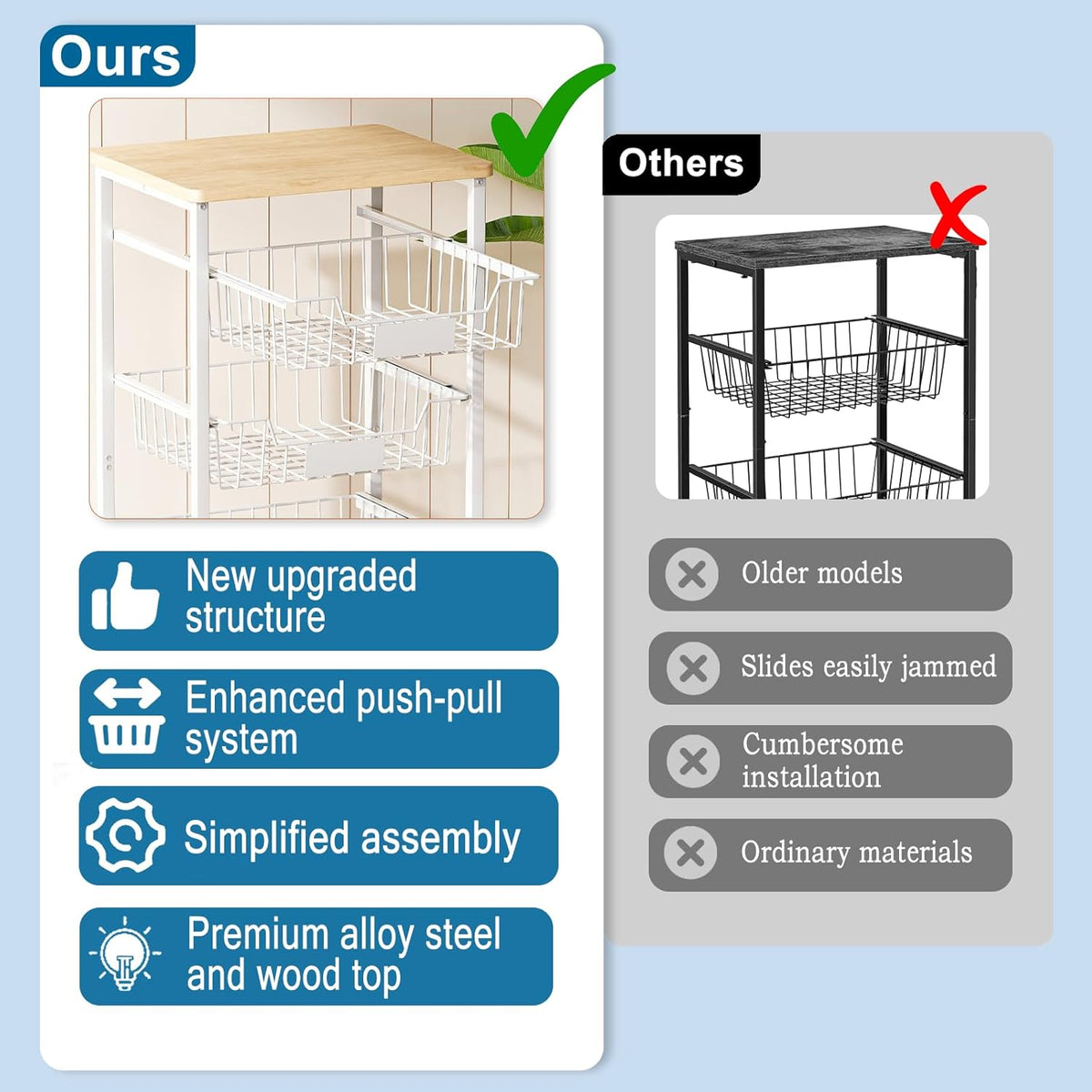 OKZEST 4-Tier Kitchen Storage Cart on Wheels – Mobile Fruit Basket Stand with Drawers & Wooden Top, Small Rolling Pantry Shelf for Potatoes, Onions, Bottled Drinks, Cans, Snacks – Includes 3 PE Liners