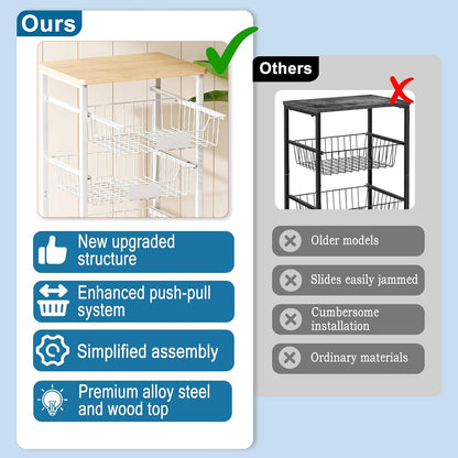 OKZEST 4-Tier Kitchen Storage Cart on Wheels – Mobile Fruit Basket Stand with Drawers & Wooden Top, Small Rolling Pantry Shelf for Potatoes, Onions, Bottled Drinks, Cans, Snacks – Includes 3 PE Liners