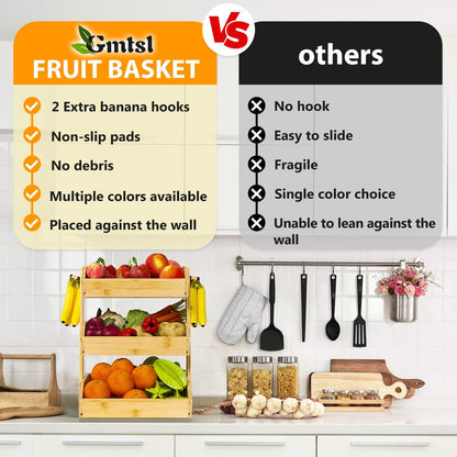 Gmtsl Bamboo Fruit Basket for Kitchen – 3 Tier Fruit Bowl For Kitchen Counter, Large Fruit Holder With 2 Banana Hangers, Idea For Fruit and Vegetable Storage, Bread Basket, Snack Organizer(BLACK)