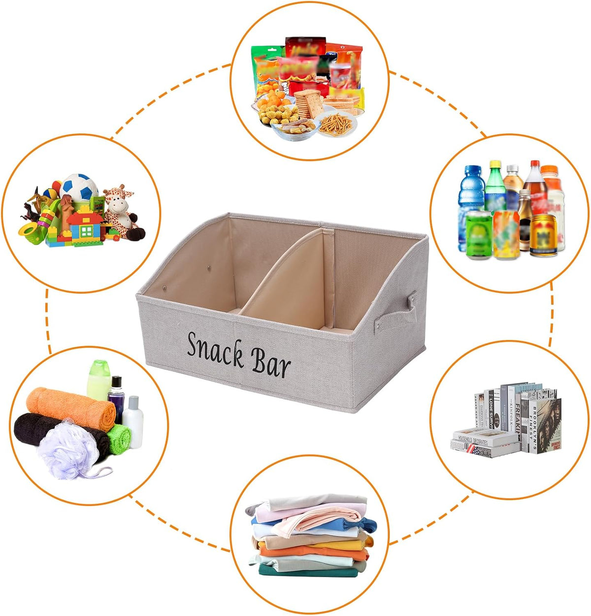 Snack Organizer for Countertop, Fabric Snack Organizer with Handles, 2 Large Compartment Snack Container Snack Basket, Snack Bar Station Decor, Kitchen Pantry Organizer and Storage, Black