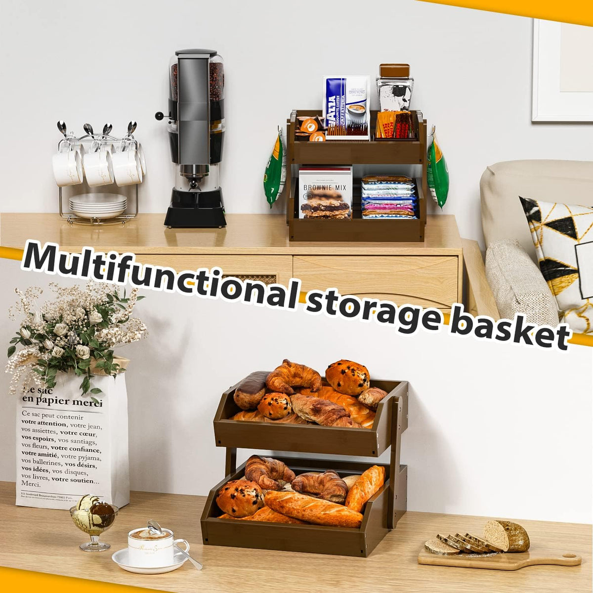 Gmtsl Bamboo Fruit Basket for Kitchen – 3 Tier Fruit Bowl For Kitchen Counter, Large Fruit Holder With 2 Banana Hangers, Idea For Fruit and Vegetable Storage, Bread Basket, Snack Organizer(BLACK)