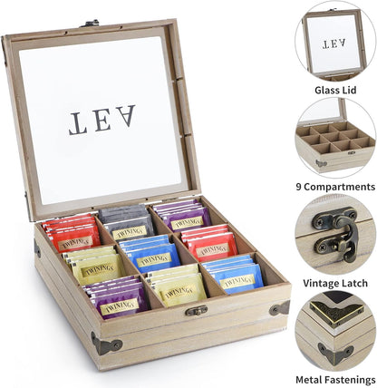 MOLIGOU Wood Tea Box Organizer, Tea Storage Chest with Glass Lid, 9 Compartments, Tea Bag Holder for Cabinet, Pantry