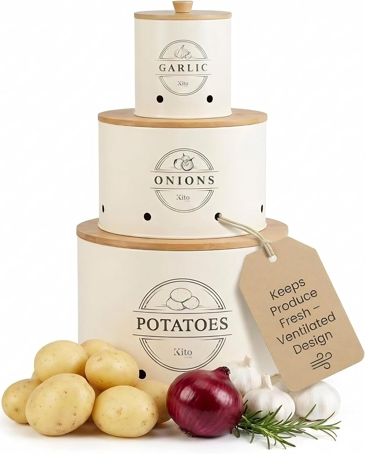 Kito LIVING Canister Sets for Kitchen Counter with Wooden Bamboo Lids, Kitchen Canisters for Countertop, Stackable Steel Farmhouse Canisters for Potato Storage, Onion and Potato Storage Bins - Cream