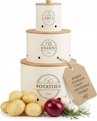 Kito LIVING Canister Sets for Kitchen Counter with Wooden Bamboo Lids, Kitchen Canisters for Countertop, Stackable Steel Farmhouse Canisters for Potato Storage, Onion and Potato Storage Bins - Cream