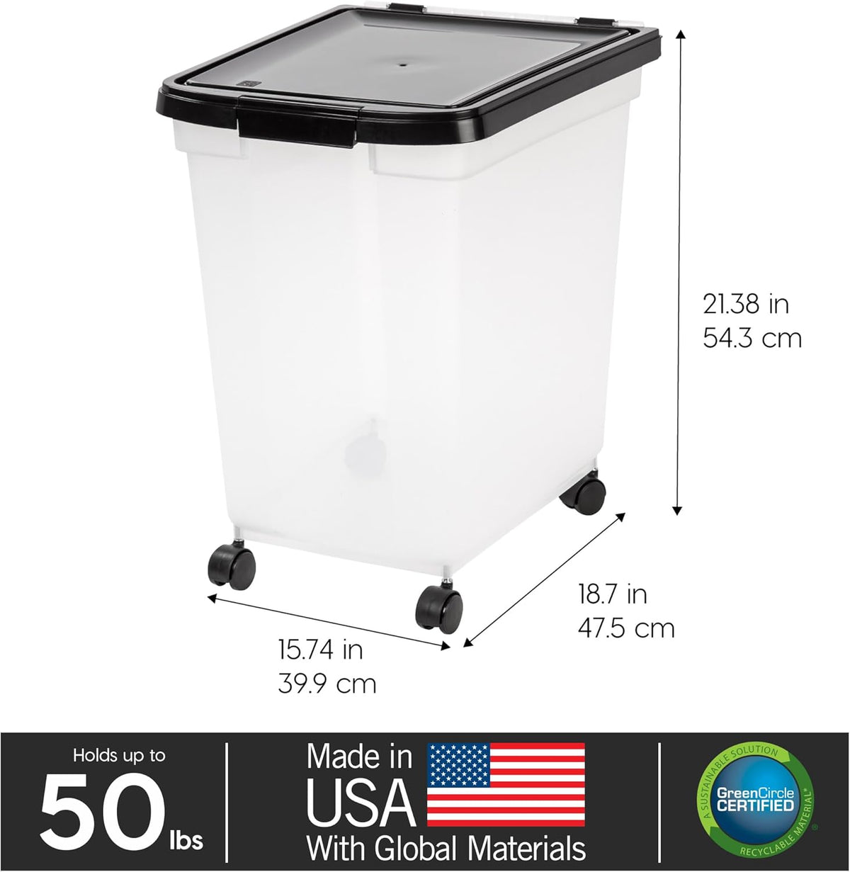 IRIS USA Airtight Dog Food Storage Container, WeatherPro, Up to 50 lbs, Removable Wheels, for Dog Cat Bird and Other Pet Food Storage Bin, Keep Fresh, Translucent Body, Made in USA, Clear/Gray