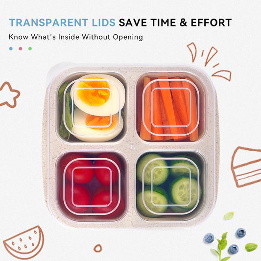 4 Pack Snack Containers, 4 Compartments Bento Snack Box, Reusable Meal Prep Lunch Containers for Kids Adults, Divided Food Storage Containers for School Work Travel