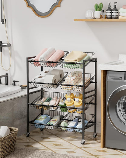 Evermagin 25.2''W Kitchen Storage Cart, Rolling Snack Cart, 4 Tier Fruit Basket Vegetable Stand, Metal Pantry Storage Organizer with 8 Removable Baskets for Onion Potato, Black