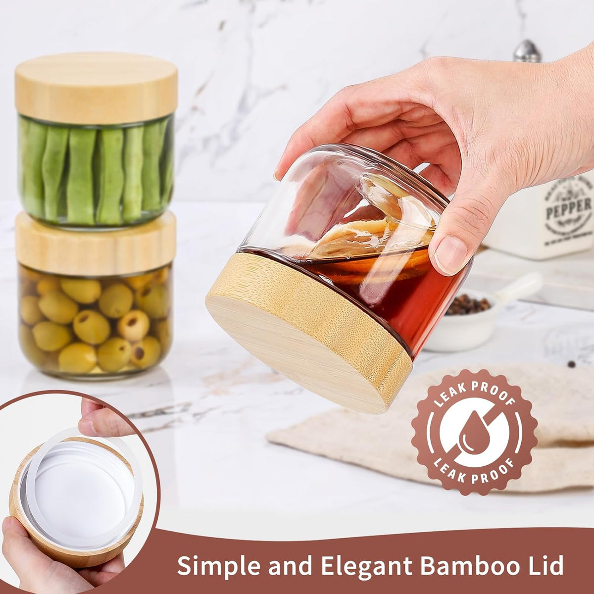 DRKIO 16 Oz Overnight Oats Containers with Bamboo Lids - 4 Pack Glass Storage Jars with Airtight Lids Wide Mouth Mason Food Jars Great for Meal Prep Salad Chia Pudding Snacks Yogurt Sugar Spice Cereal