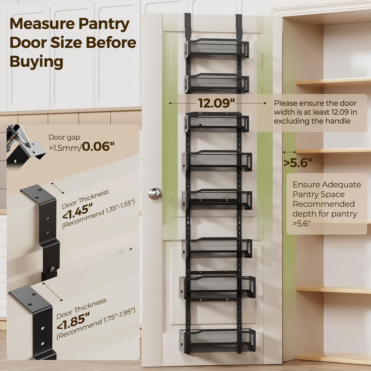 Delamu 8 Tier Over the Door Pantry Organizer, 2in1 Hanging or Wall Mount Spice Rack Seasoning, Adjustable Heavy-Duty Narrow Pantry Door Organizer and Storage for Kitchen Cabinet and Bathroom,12" White