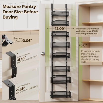 Delamu 8 Tier Over the Door Pantry Organizer, 2in1 Hanging or Wall Mount Spice Rack Seasoning, Adjustable Heavy-Duty Narrow Pantry Door Organizer and Storage for Kitchen Cabinet and Bathroom,12" White