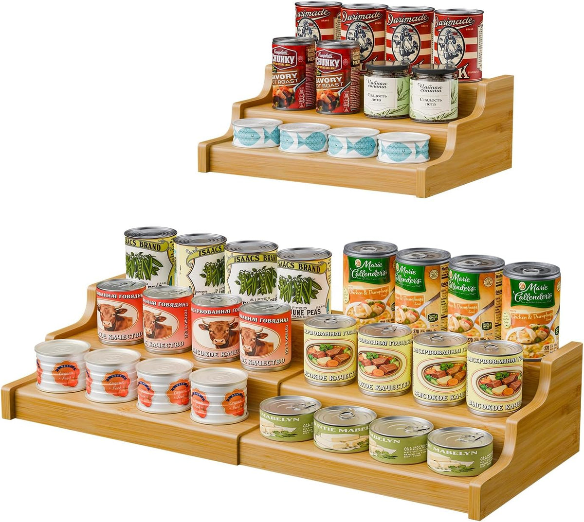 Simple Trending Expandable Bamboo Can Rack Organizer for Pantry, 3-Tier Adjustable Can Storage Holder Holds Up to 24 Cans, Canned Goods Storage Display for Cabinet, Countertop