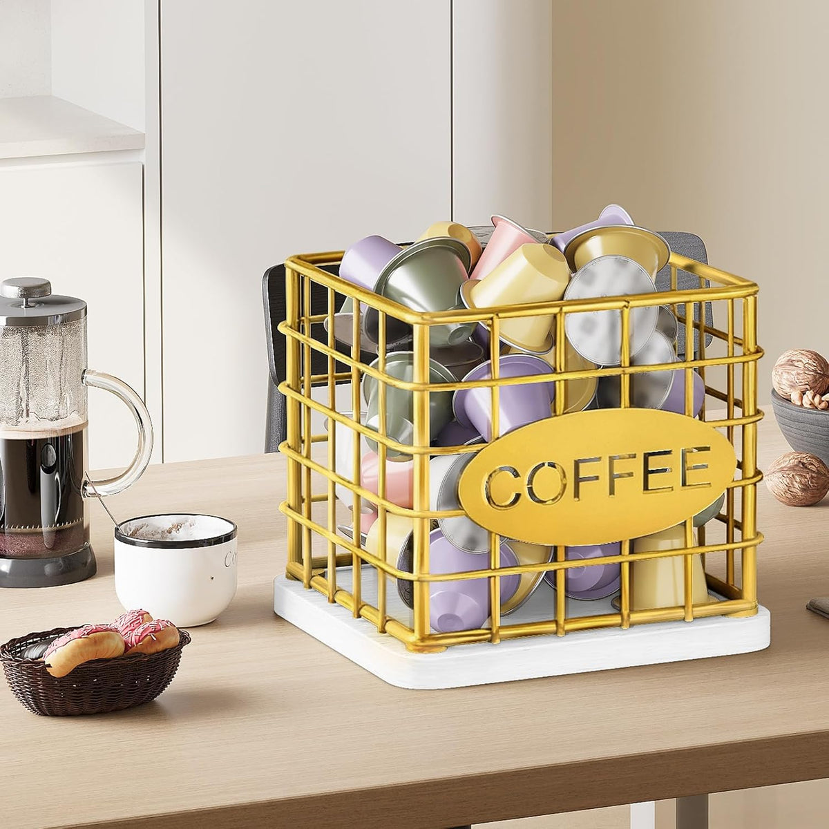 YATINEY Coffee Pod Holder for K Cup, Large Capacity Coffee Pod Organizer, Versatile Coffee Capsule Storage Basket with Wooden Base, White KH10WN