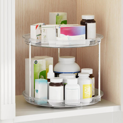 2 Tier Lazy Susan Organizer, 9'' Lazy Susan Turntable for Cabinet, Stackable Turntable Organizer Rotating Spice Rack Organization for Kitchen Countertop, Pantry, Bathroom, Clear