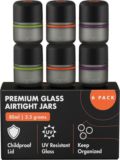 ONGROK Glass Storage Jar, 180ml | UV Herb/Spice Jar with Child‑Resistant Lid, Color‑Coded Glass Containers to Preserve Smell and Aroma