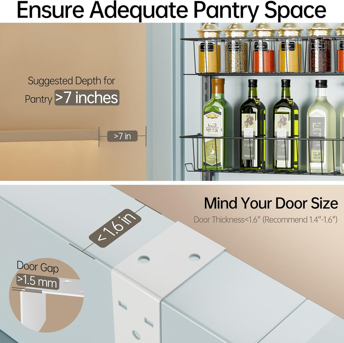 Delamu Adjustable Cabinet Door Organizer, 6-Tier Hanging Spice Rack Organizer, Metal Over the Door Pantry Organizer, Pantry Organizers and Storage Shelves for Kitchen Bathroom Laundry Room, White M