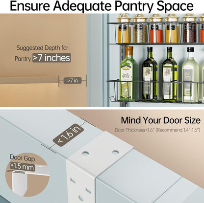 Delamu Adjustable Cabinet Door Organizer, 6-Tier Hanging Spice Rack Organizer, Metal Over the Door Pantry Organizer, Pantry Organizers and Storage Shelves for Kitchen Bathroom Laundry Room, White M