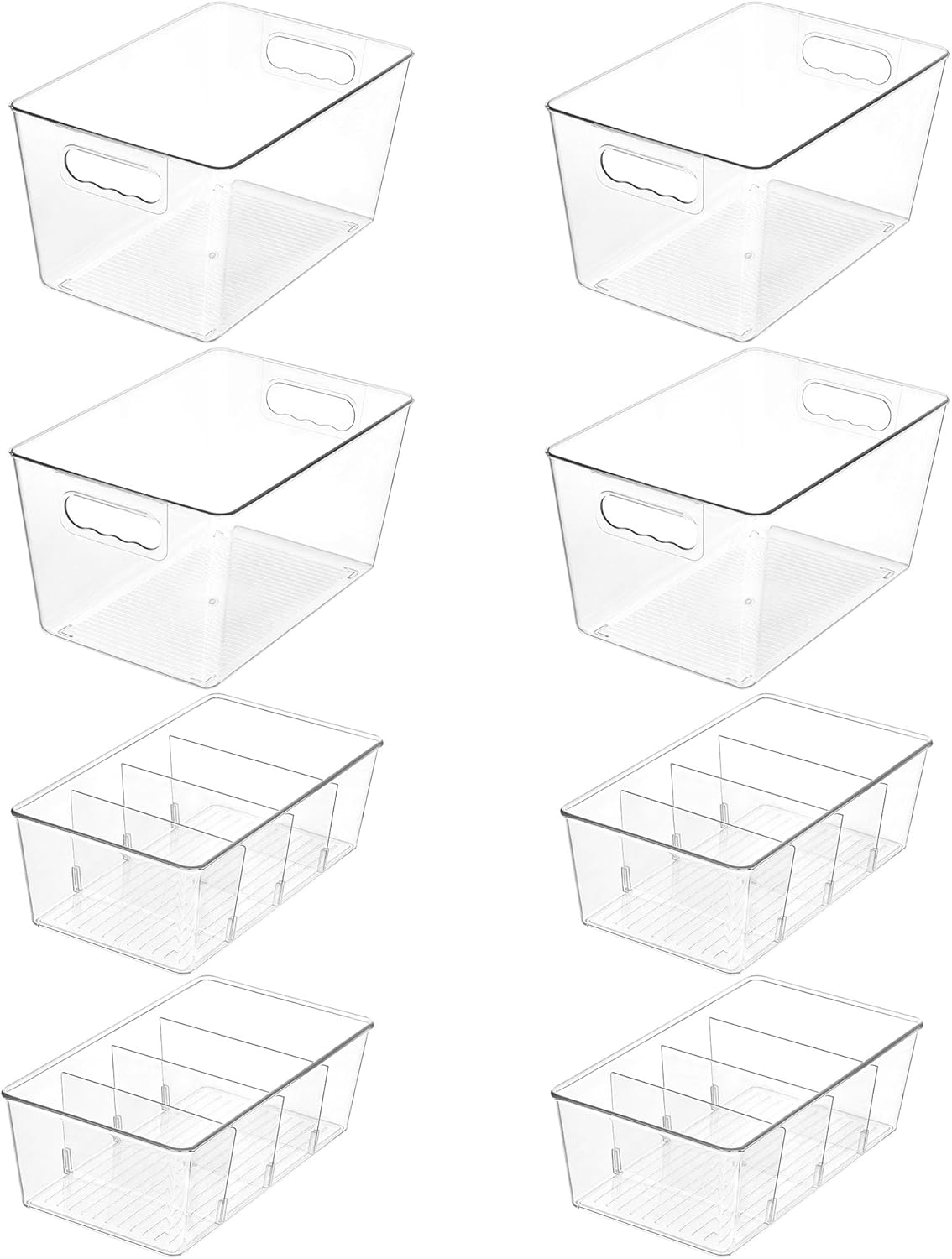 Vtopmart 8 Pack Clear Plastic Storage Bins Set, 4 Large Pantry Organizer Bins with Lids & Handles and 4 Medium Snack Organizer Bins with 4-Compartment for Pantry, Kitchen, Fridge, Cabinet Organization
