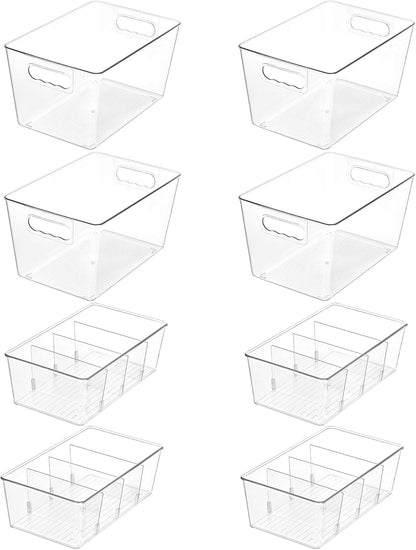 Vtopmart 8 Pack Clear Plastic Storage Bins Set, 4 Large Pantry Organizer Bins with Lids & Handles and 4 Medium Snack Organizer Bins with 4-Compartment for Pantry, Kitchen, Fridge, Cabinet Organization