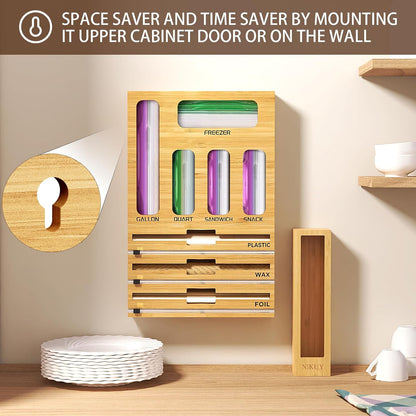 9 IN 1 Bamboo Foil and Plastic Wrap Organizer for Kitchen Drawer, Plastic Bag Organizer Organization and Storage, Food Storage Bag Organizer with Labels for Quart Gallon Snack Sandwich Bag