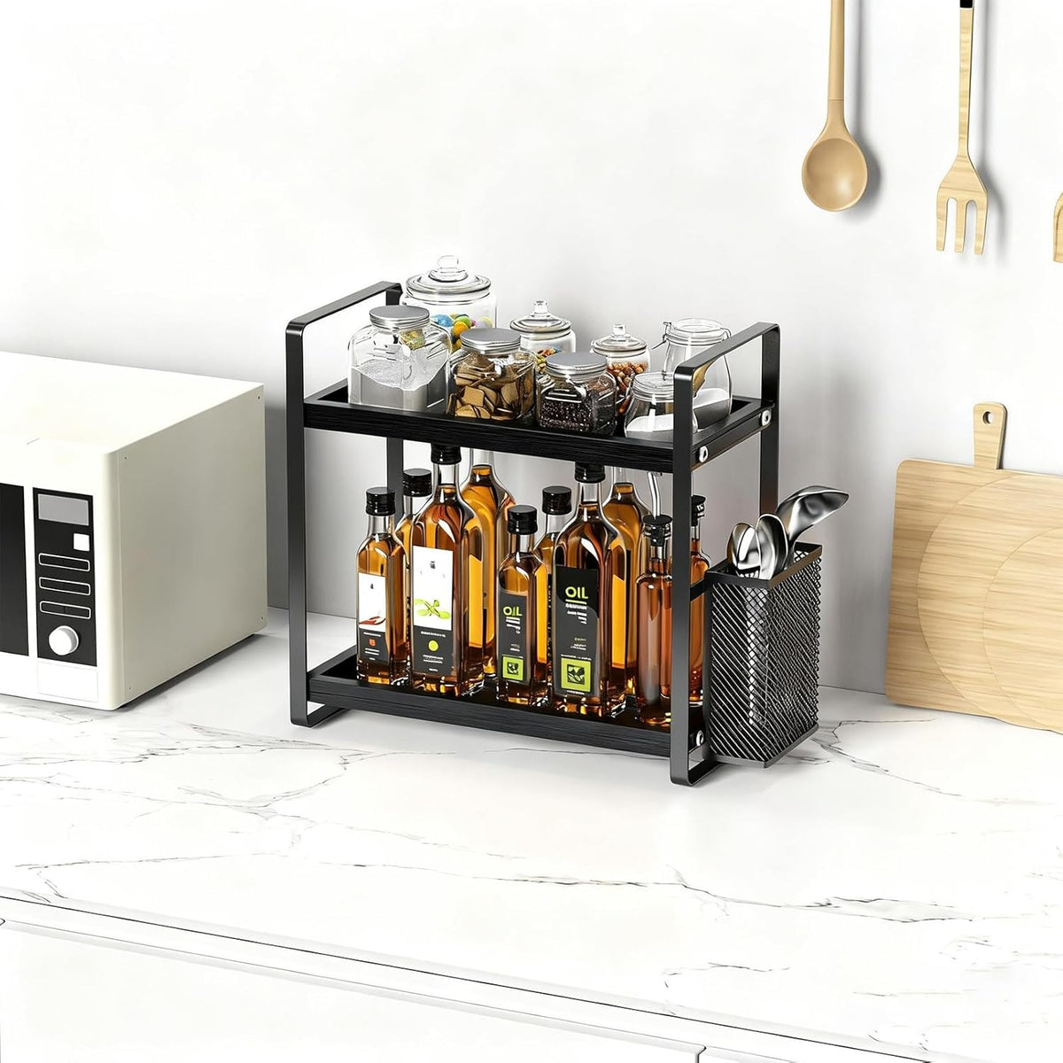 LEMIKKLE 2-Tier Coffee Bar Organizer With Basket,Wooden Counter Shelf for Coffee Bar Accessories,Kitchen Spice Rack Organizer for Countertop-Brown
