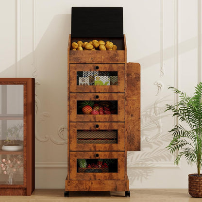 ARTETHYS Potato and Onion Storage Bin for Pantry 5-Tier Rolling Fruit and Vegetable Organizer with Spice Rack on Wheels Movable Large Bread Box Cabinet with 4 Ventilated Drawers for Kitchen, Rustic
